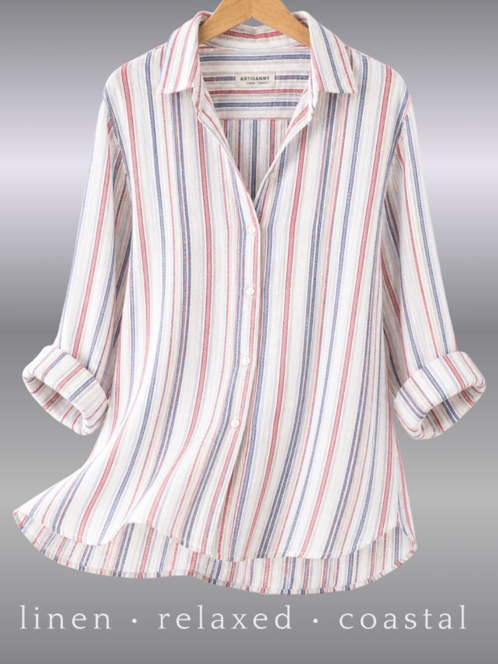 Striped Linen Tunic Top Roll Tab Button Front Oversized Coastal Chic L Relaxed